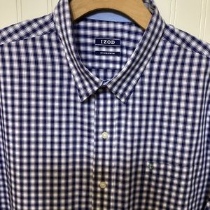 Izod Non-Iron Stretch Button Down Short Sleeve 2XL Blue and White Plaid